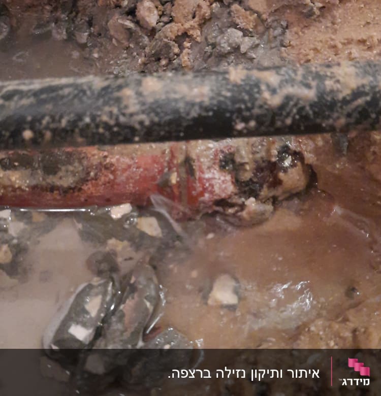 צינור מים שבור עם נזילה באדמה רטובה